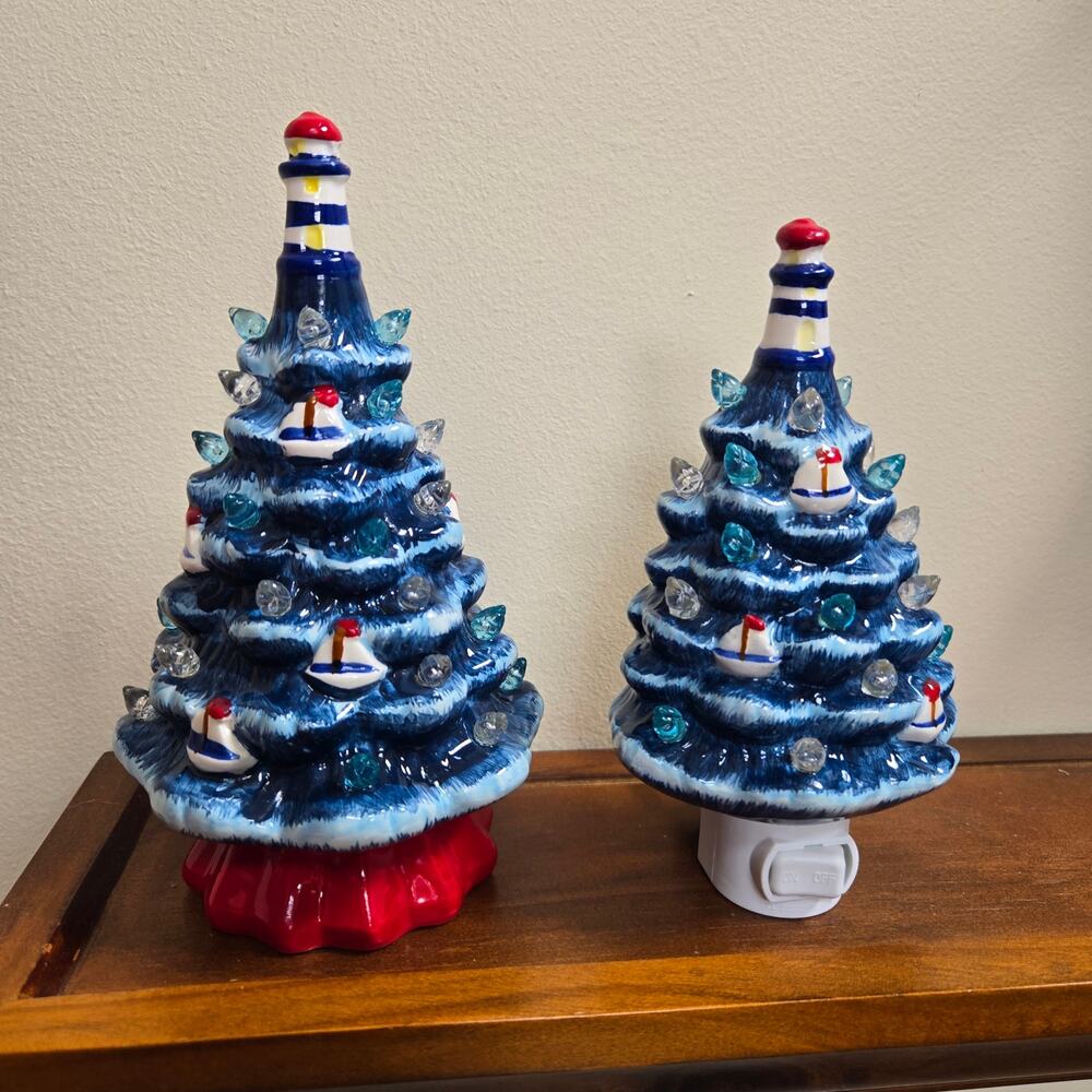 Coastal Light Up Christmas Tree Decor Table Top and Night Light 7.5" and 7"
